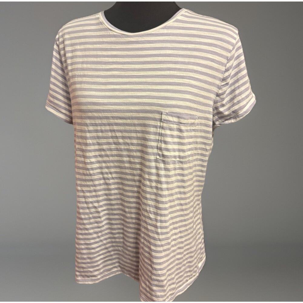 Garnet Hill Top Large Womens Organic Cotton Tee Lavender White Stripe Simple